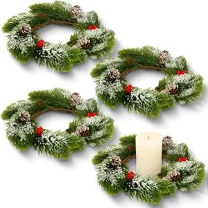 얀선 크리스마스 양초 반지 4개 레드 베리 솔잎 미니 화환 웨딩 테이블 중앙 장식용 작은 홀더
