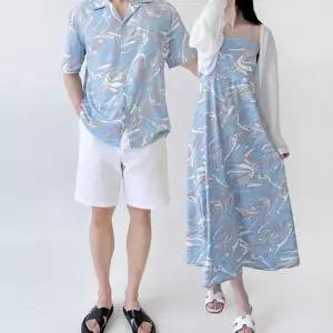 여성 비치 원피스 시밀러 바캉스 홀터넥 휴양지 커플 룩 여름 신혼여행 캐주얼 셔츠 웨어 반팔 카라 남성