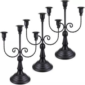 Dandat 3Pcs 3 암 메탈 캔델라브라 홀더 키 큰 홈 웨딩 교회 크리스마스 파티용 고딕 Retro 11.8인치 블랙
