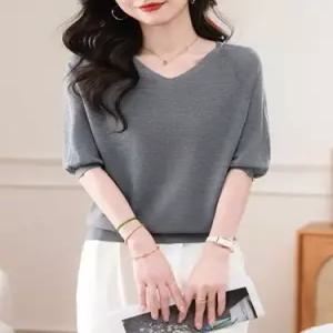 하계 여친 니트 가오리핏 반팔 상의 여 브이넥 셔츠 슬림핏 티 KS2