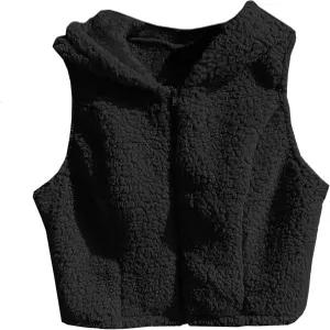 SHENHE 여성용 퍼지 조끼 집업 민소매 플리스 경량 후드 셔파 크롭탑