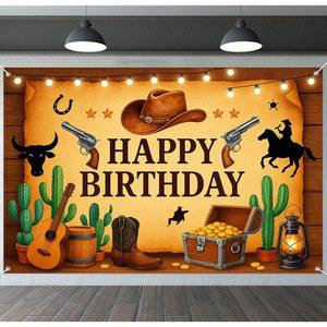IVN 웨스턴 카우보이 배경 파티 배너 71X43 인치 생일 축하해 컨트리 와일드 웨스트 사진 선인장 러스틱 우드 모자 부스 실내 야외 장식