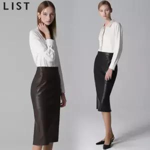 리스트 레더 백 슬릿 미디 스커트