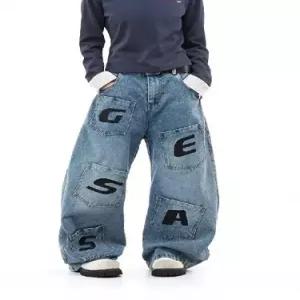 팬츠 여성용 배기 청바지 진 포켓 자수 멀티 커브 레터링 BE1