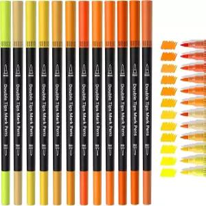 ZZWUAPT 오렌지 옐로우 더블 팁 브러시 펜 아트 마커 12가지 컬러 아티스트 파인 성인 드로잉 공예 키트