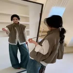 무천도사 여친 캐주얼 베스트 민소매 안스트링 순정 조끼 체크 차이나 나시 KKE1