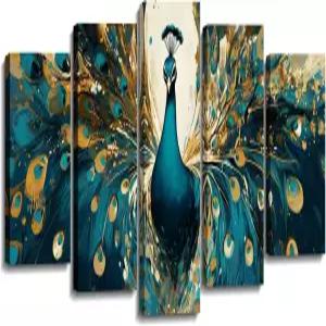 피콕 월 아트 5피스 그린 앤 골드 그림 캔버스 프린트 동물 액자에 담긴 홈 장식용 현대 미술 작품 Art-1