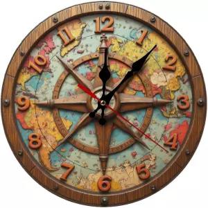 골동품 세계 지도 나침반 시계 벽 장식 2D 10인치 무성 배터리 작동 욕실 주방 거실 침실을 위한 쿼츠