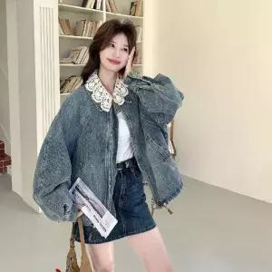 피로달 청 여성용 코트 레이스 연청 칼라 재킷 HO1