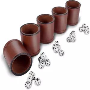 RNK 게이밍 프로용 주사위 컵 PU 가죽 및 브라운 벨벳 안감 5팩 흰색 육면체 25개 포함