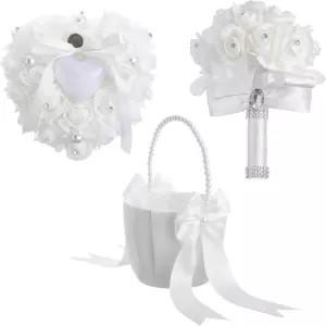 FineCheer 3세트 플라워 걸 바구니 링 베어러 베개 및 신부용 결혼식 꽃다발 하트 모양 진주 꽃 들러리