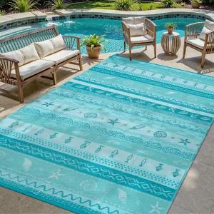 라홈 야외 러그 방수 캠핑용 5x8피트 리버서블 플라스틱 빨대 현관 데크 뒷마당 발코니 피크닉용 RV 파티오