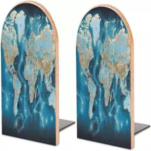 우드 북 무거운 책을 위한 선반용 논슬립 나무 북엔드 대형 금속 스토퍼 세계 지도 홀더 사무실용 현대