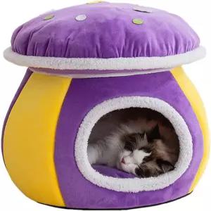 강아지와 고양이를 위한 분리 가능한 쿠션이 있는 실내 따뜻한 둥지용 귀여운 버섯 집 동굴 침대