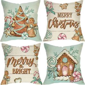 메리 크리스마스 진저브레드 장식용 던지기 베개 커버 18 x 4 세트 트리 쿠키 페퍼민트 캔디 현관 야외 홈
