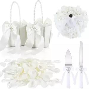 유순틱 웨딩 플라워 바구니 하트 모양 링 베어러 베개 및 나이프 서버 세트(결혼식 용품용 실크 로즈 꽃잎