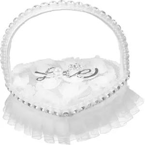 글리아비 하트 모양 레이스 링 베어러 베개 진주 손잡이와 라인스톤이 있는 화이트 새틴 웨딩마치 쿠션