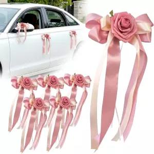6PCS 웨딩카 도어 핸들 장식 꽃 흰색 인조 자동차 부케 보크노트 리본 액세서리 핑크