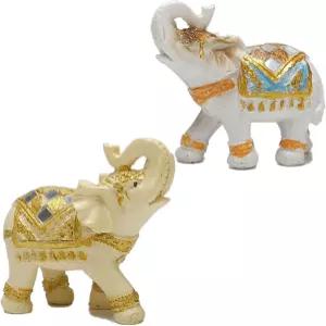 코끼리 조각상과 피규어 2종 세트 - 행운의 부유 집 장식 선물 몸통이 위로 올라간 3.9인치 L x H