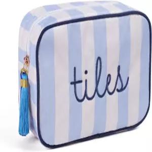 마작 타일 백 - 166개의 미국 위한 파란색 및 흰색 줄무늬 자수 케이스 1.2인치 휴대용 지퍼 여행 보드