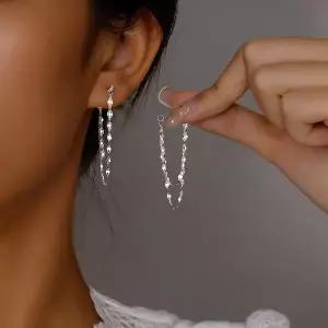 호환  앞뒤에 이중 레이어 태슬 체인이 있는 925 실버 디자인 귀걸이 정교한 귀걸이와 다이내믹한 귀걸이