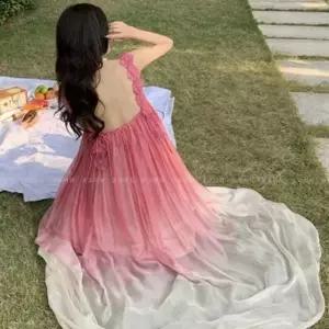 여성 여름 주름 밴딩 민소매 그라데이션 롱 원피스