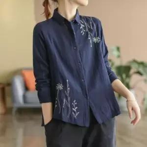여성 여름 자수 린넨 혼방 블라우스 야생화 남방 셔츠