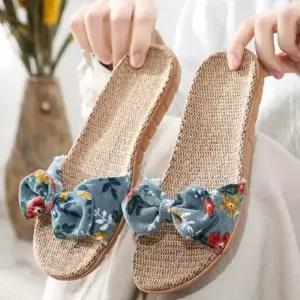 여성 남자 라탄 린넨 꽃 나비 리본 왕골 슬리퍼 실내화