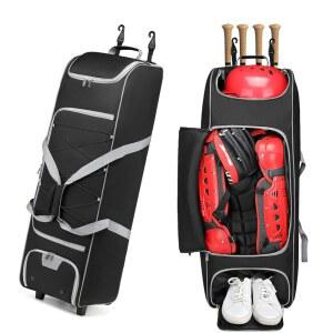 바퀴 달린 크신스백 야구 포수 기어백 - 39인치 롤링 장비 가방에 배트 4개, 헬멧, 장갑 소프트볼 가방(펜스 훅 및 신발 수납 공간 포함)