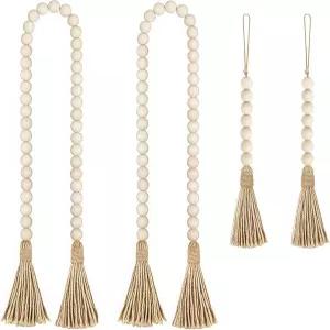 LJY 우드 비드 갈랜드와 황마 태슬 59인치 홈 커튼 월 행잉 소박한 시골 천연 귀여운 농가 보호 크리스마스