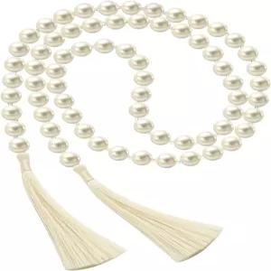 퀘일레이 58인치 웨딩 진주 유리 구슬 화환 16mm 태슬 우아한 보호 테이블 장식 힐링 기도 프린지 벽 선반