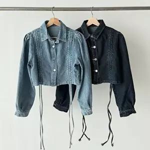 [옷자락]여성 스트링 셔링 퍼프 카라넥 봄 투웨이 크롭 데님 자켓