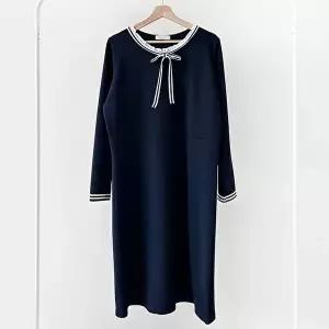 [옷자락]여성 프릴카라 리본 대형 네이비 롱드레스
