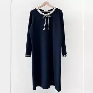[옷자락]여성 프릴카라 리본 대형 네이비 롱드레스