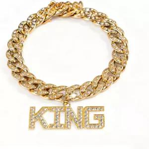 개 골드 체인 다이아몬드 킹 펜던트 칼라 워킹 메탈 목걸이 반려동물 쿠바 스타일 보석 액세서리(보석 상자