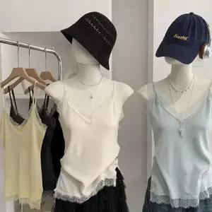 볼사스 여름 캐주얼 여친 레이스 민소매 조끼 탑 브이넥 나시 끈 ADOR2