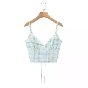 볼사스 여성용 캐주얼 여름 조끼 딥 브이넥 빅 체크 크롭 나시 ADOR2