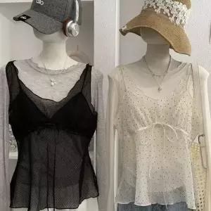 볼사스 여자 캐주얼 여름 빈티지 조끼 도트 나시 브이넥 끈 상의 ADOR2