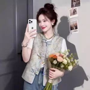 볼사스 여성 캐주얼 빈티지 조끼 민소매 나시 자수 숏 ADOR1