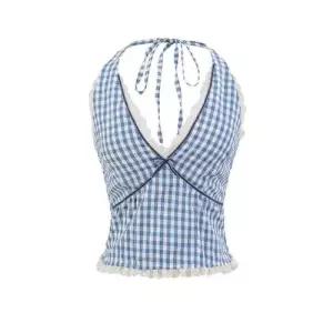 볼사스 캐주얼 여름 여사친 체크 프렌치 이너탑 레이스 조끼 나시 브이넥 ADOR2