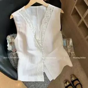 볼사스 여친 여름 빈티지 캐주얼 프렌치 나시 조끼 브이넥 민소매 탑 린넨 레이스 ADOR2