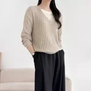 [신세계라이브쇼핑][옷자락] 여성 루즈핏 V넥 망사 니트 일상 스웨터