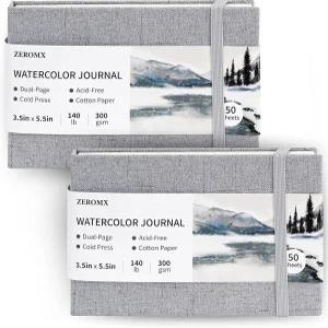 ZEROMX 수채화 스케치북 3.5x5.5 저널 2팩 각 50매 면지 콜드 프레스 140파운드/300gsm 미니 책 여행용