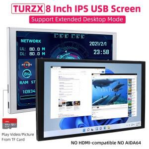 TURZX 8인치 USB 보조 화면 1280x800 IPS LCD 확장 데스크탑 & CPU GPU RAM HDD 모니터 모드 AIDA64 Windo