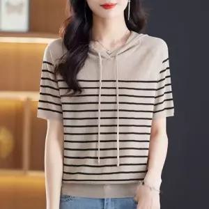 마킷4 니트 면 여사친 티셔츠 후드 티 스트라이프 반팔 얇은 탑 JEN2