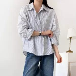 [옷자락] 여성용 봄여름 경량 면 스트라이프 롱슬리브 셔츠
