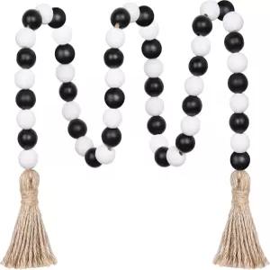 메플라이트 우드 비드 갈랜드 - 39인치 농가 비즈와 테이저건 트레이 장식용 블랙 앤 화이트