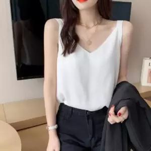 [다잇템] 여성 V넥 슬리브리스 빅사이즈 실크 탑