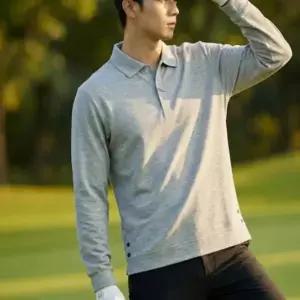 남성 간절기 브이넥 카라 긴팔 밑단 단추 골프 티셔츠