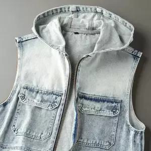 데님 여름 남자캐주얼조끼 후드 조끼 워싱 집업 ible2